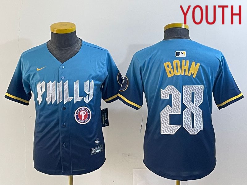 Youth Philadelphia Phillies 28 Bohm Blue City Edition Nike 2024 MLB Jersey style 4